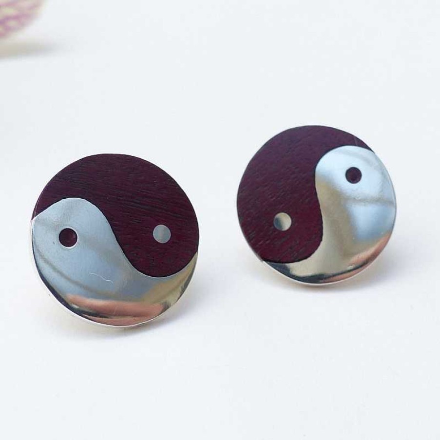 Boucles D'Oreilles Au Fol argent | Boucles D'Oreilles Argent Et Bois De Rose Yin Yang