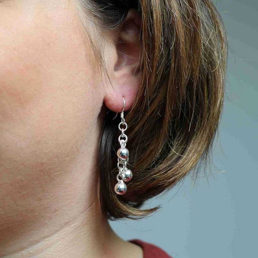 Boucles D'Oreilles Au Fol argent | Boucles D'Oreilles En Argent Trois Boules Et Mailles Rondes