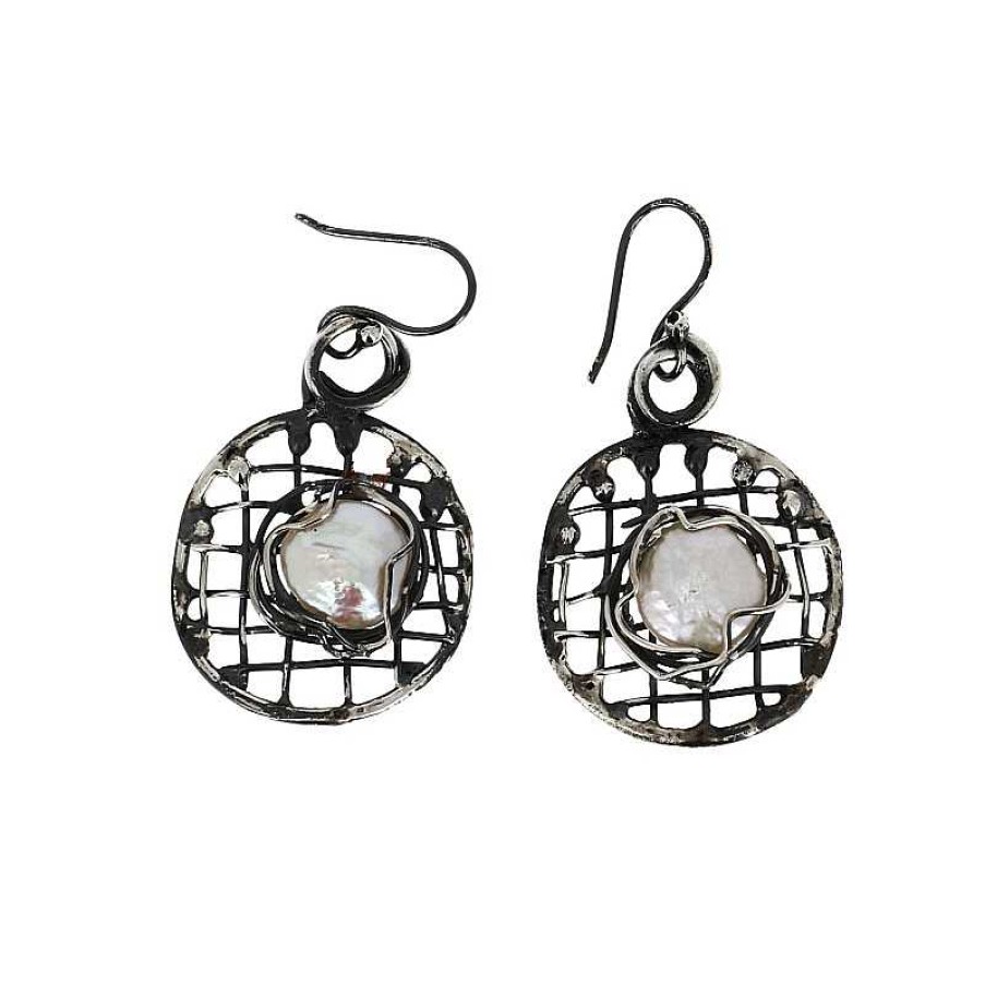 Boucles D'Oreilles Au Fol argent | Boucles D'Oreilles En Argent Noirci Rond Quadrillage Et Perle