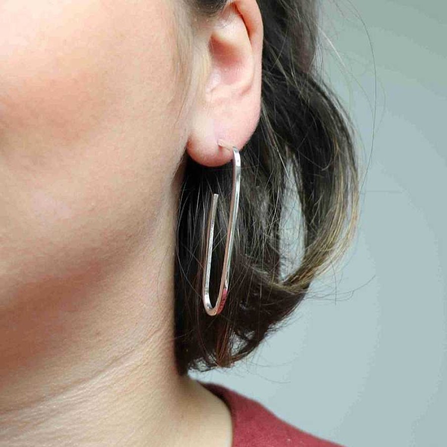 Boucles D'Oreilles Au Fol argent | Boucles D'Oreilles En Argent Long Rectangle Ouvert