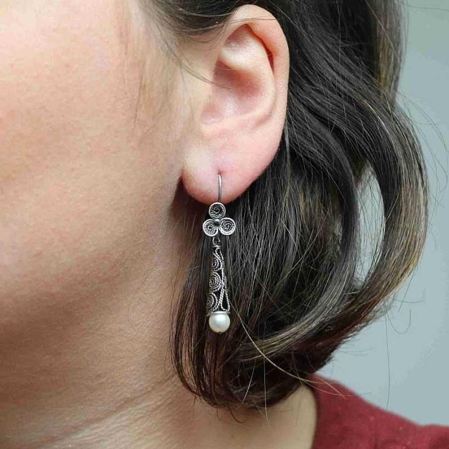 Boucles D'Oreilles Au Fol argent | Boucles D'Oreilles En Argent C Ne Dentelle Et Perle Nacr E