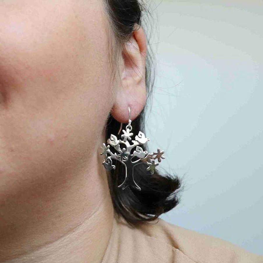 Boucles D'Oreilles Au Fol argent | Boucles D'Oreilles En Argent Arbre Oiseaux