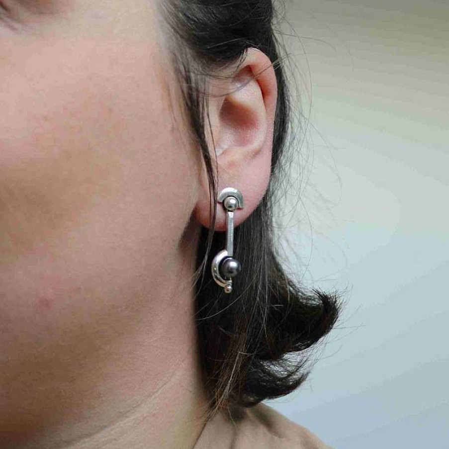 Boucles D'Oreilles Au Fol argent | Boucles D'Oreilles En Argent Balancier Et Perle Grise